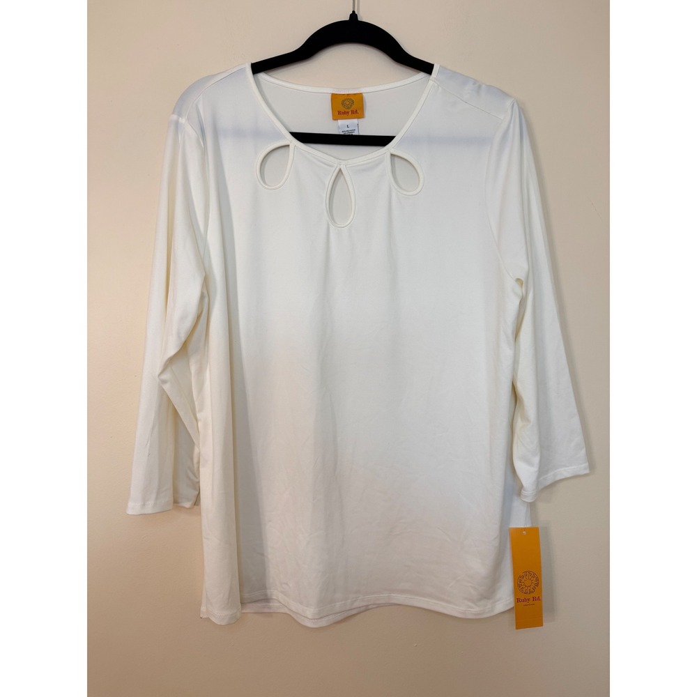 Ruby Rd Womens White Triple Cutout Neck 3/4 Sleeve Knit Top Blouse 63550 IV L